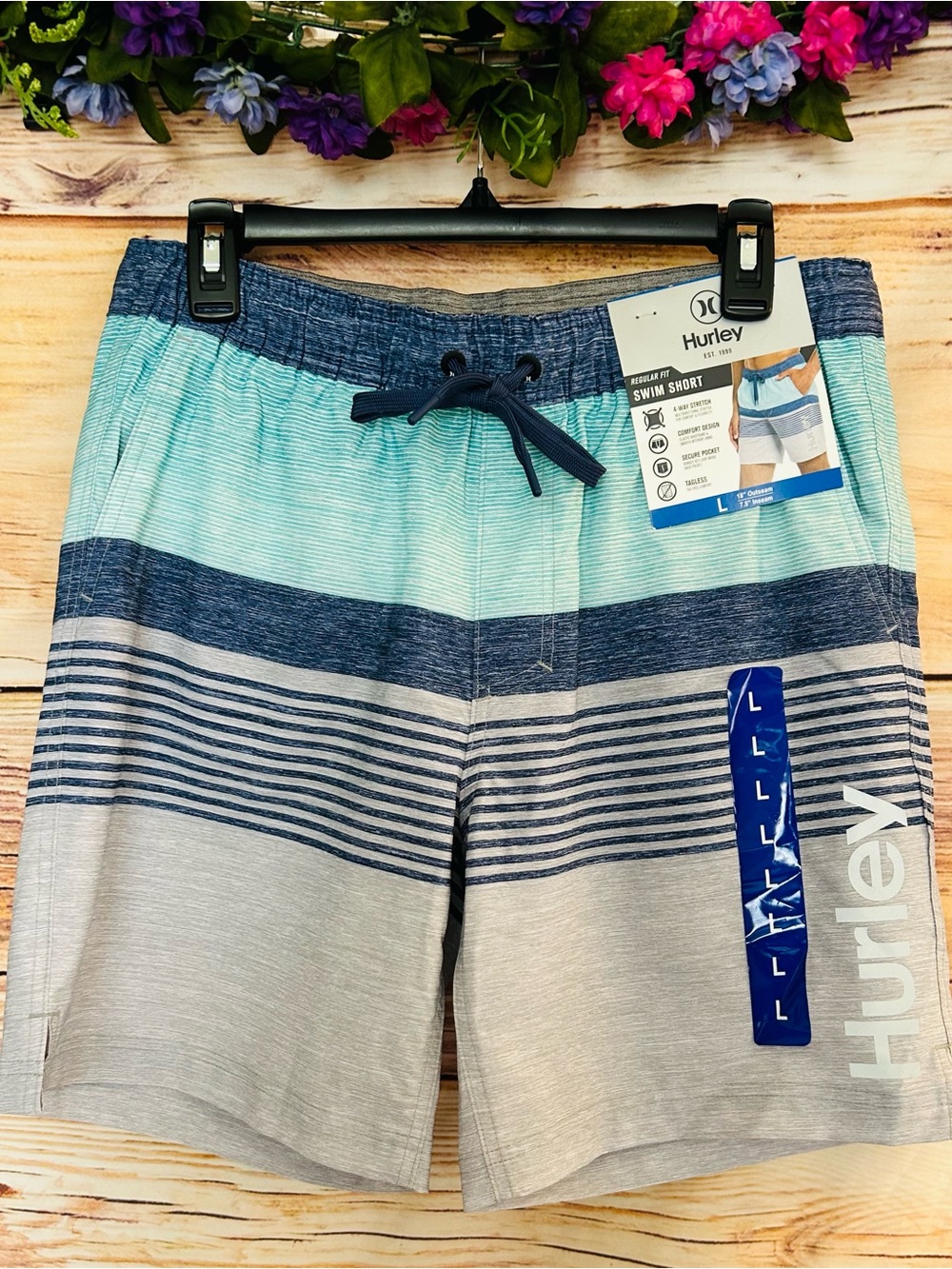 Hurley Men’s Multicolor Striped Logo Regular Fit Swim Shorts Size L NWT - Picture 5 of 10